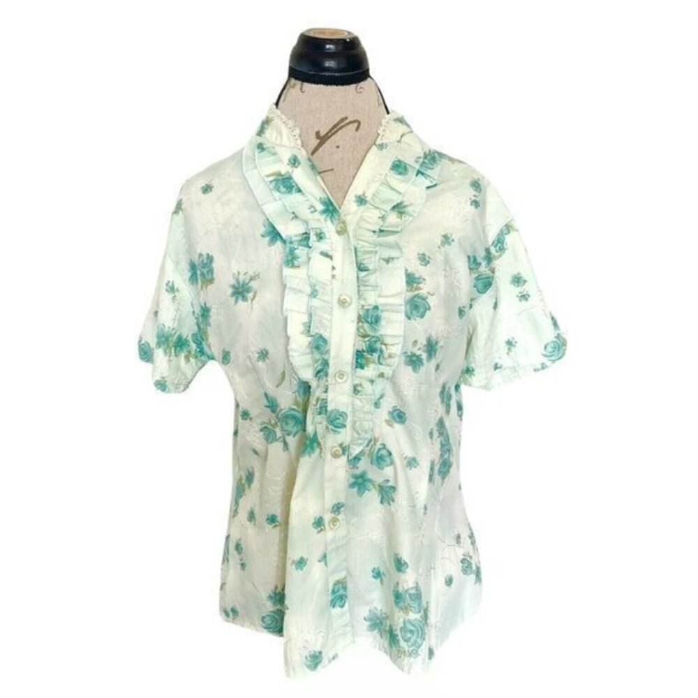 Newnoble Ruffle Floral Button Blouse Embroidered Rockabilly 50's 60's look